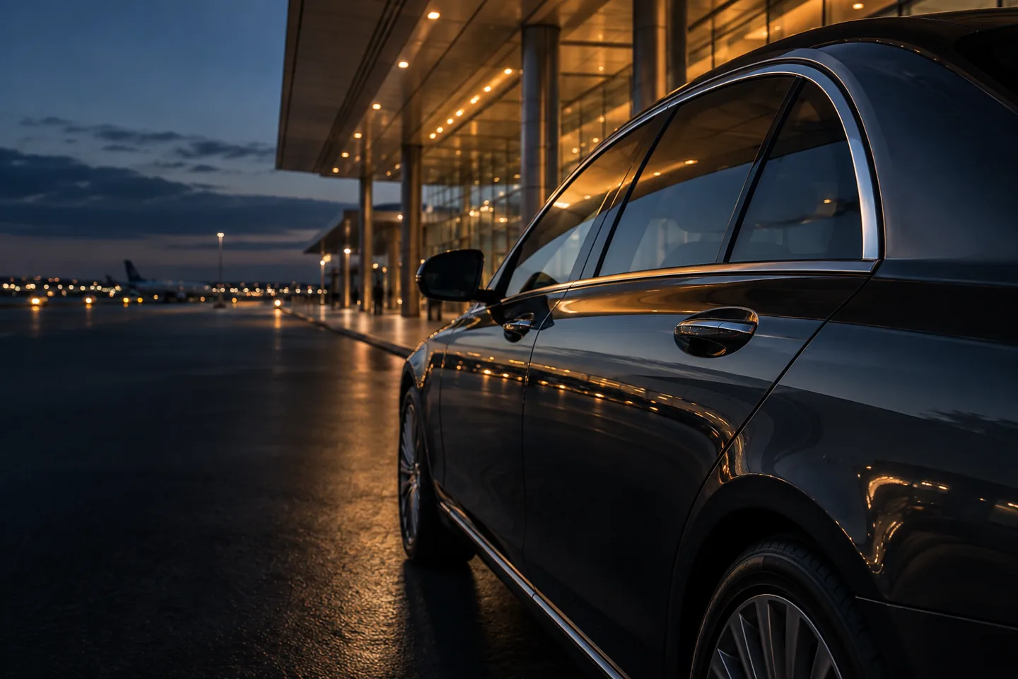 Sfeerbeeld van een comfortabele auto bij een verlichte luchthaventerminal
